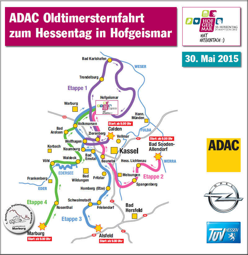 Die einzelnen Etappenorte der ADAC-Oldtimersternfahrt zum Hessentag in Hofgeismar