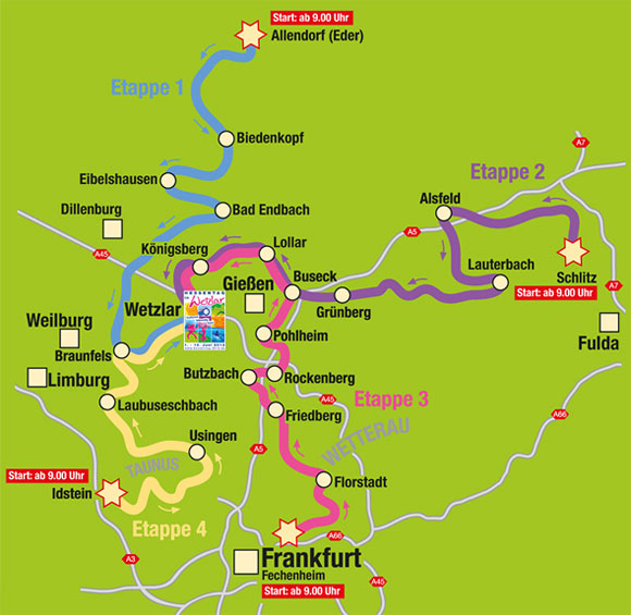 Die vier Routen der ADAC-Sternfahrt zum Hessentag 2012 in Wetzlar