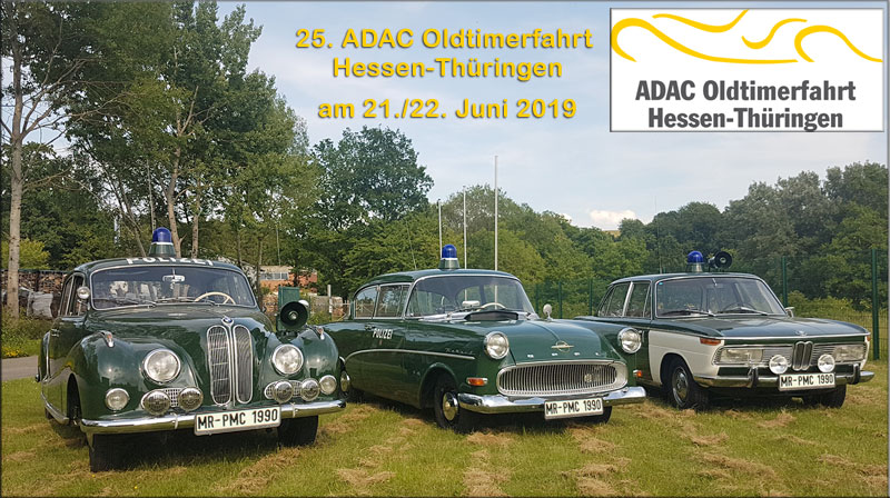 ADAC Oldtimerfahrt Hessen-Thüringen 2019 mit drei Polizeioldies aus Marburg, mit von links BMW 501 "Isar 12", Opel Olympia und BMW 2000 