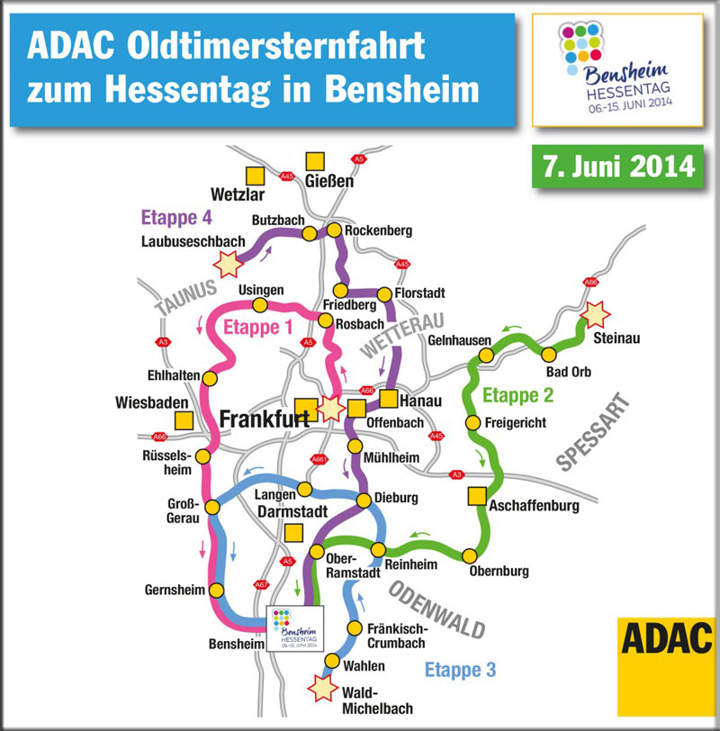 Die ADAC-Sternfahrtrouten zum Hessentag 2014 nach Bensheim 