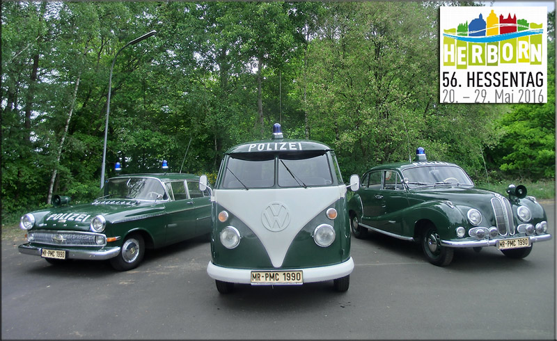 Diese drei Polizeioldtimer sind am Sonntag, 22. Mai, auf dem Hessentag in Herborn zu bewundern, von links der Opel Kapitän, VW T1 und der BMW 501 (Isar 12)