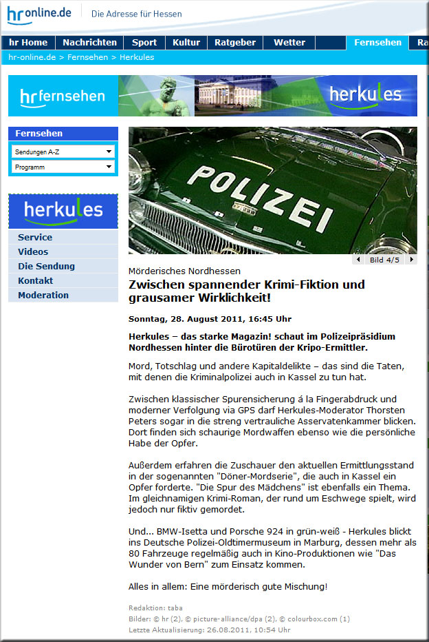 Screenshot der Onlineseite zur HR-Sendung Herkules ber das 1. Deutsche Polizeioldtimer-Museum