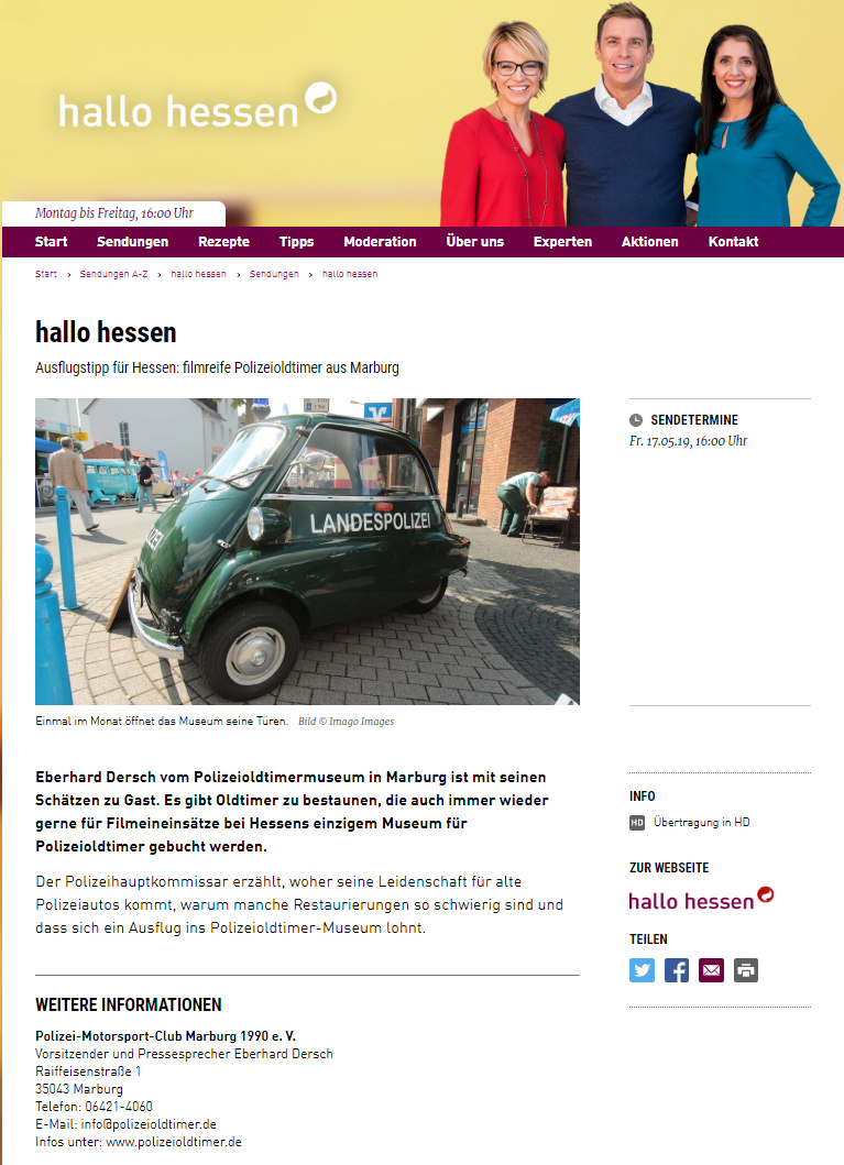 Screen der Seite der HR-Sendung "Hallo Hessen" mit dem Polizeioldtimer Museum Marburg