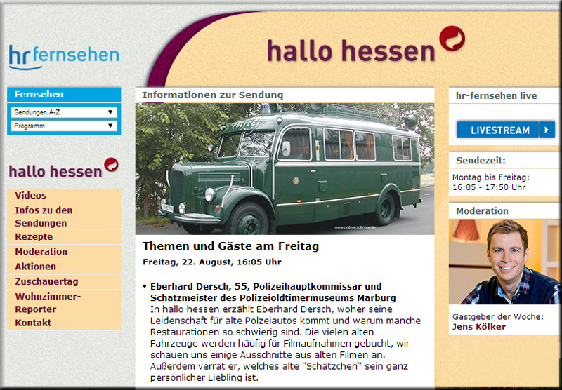 Screenshot der Internetseite des HR zur Sendung Hallo Hessen über das Polizeioldtimer Museum Marburg