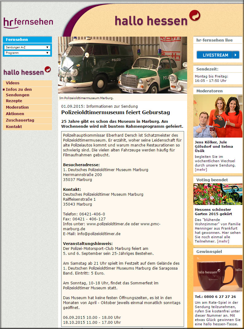 Hallo Hessen Screenshot der Internetseite des HR vom 1. Sept. 2015
