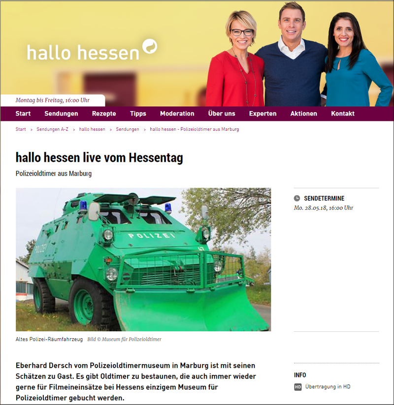 Polizeioldtimer-Museumsprecher am Montag, 28.05.2018, live im HR-Fernsehen - Hallo Hessen (Screenshot der HR-Homepage)