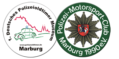 Logos vom 1. Deutschen Polizeioldtimer Museum Marburg und dem Polizei-Motorsport-Club Marburg 