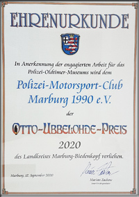 Die Urkunde zum Otto Ubbelohde Preis 2020 an den Polizei-Motorsport-Club Marburg 